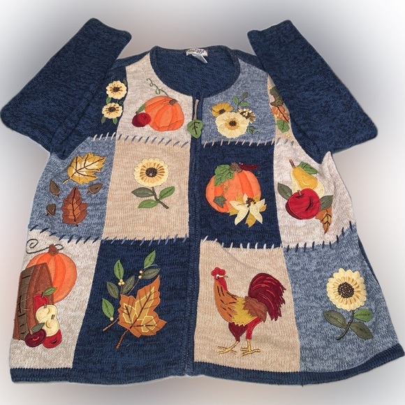 Vintage Fall Autumn Thanksgiving Blue Patchwork Embroidered Knit Zip Sweater 1X - Picture 9 of 16